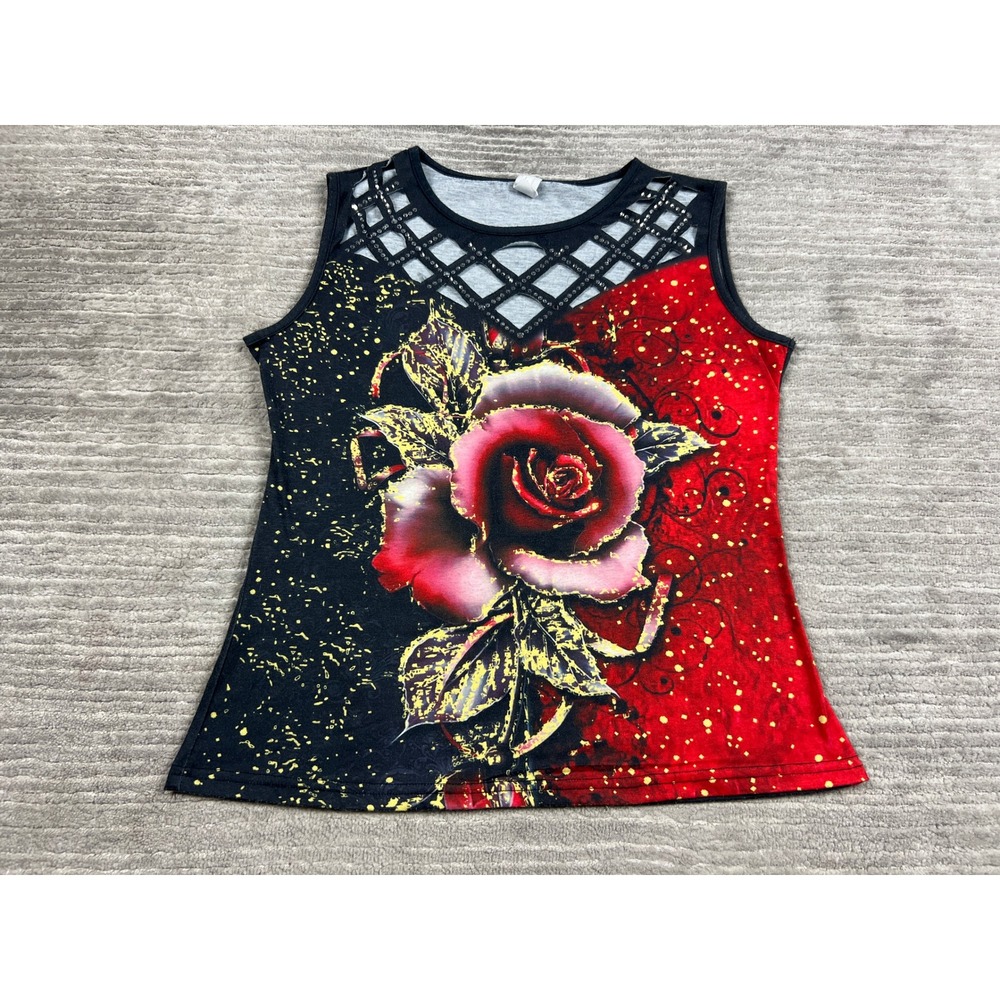 Chicyea Tank Top Womens L Red Black Rose Graphic Cage Neck Rhinestone Glitter